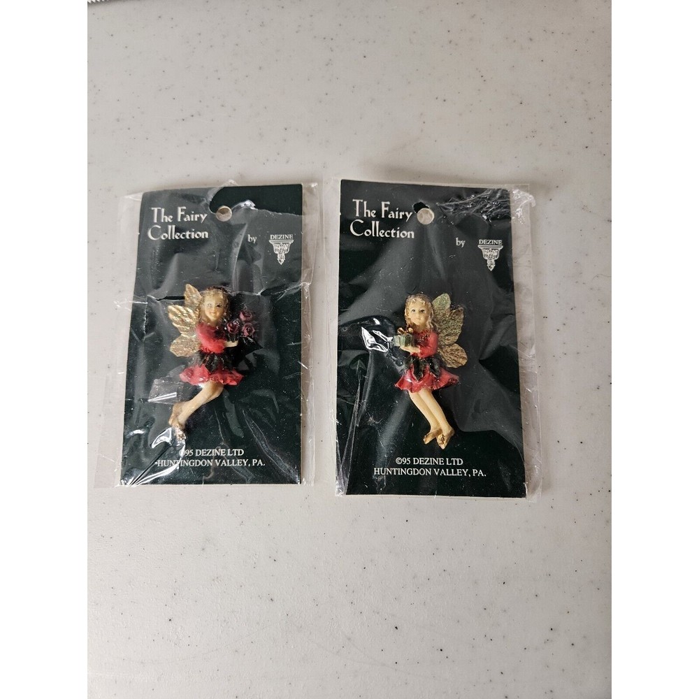 2 Dezine Fairy Collection Pin Brooch Red Dress Gold Wings Hand Painted NEW